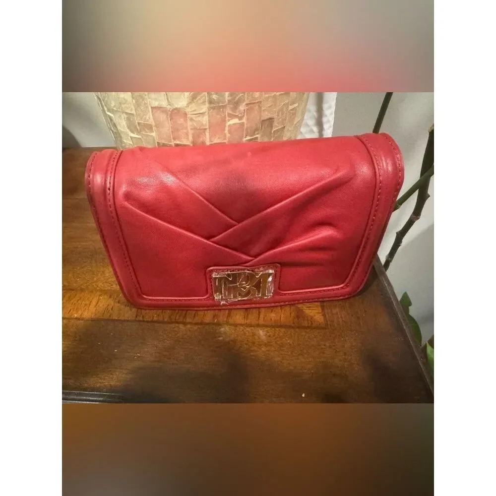 Badgley Mischka Red Envelope Clutch with Gold Logo Plate